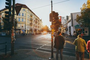 Decorative element complemting the open call by showing a street in Berlin