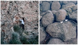Decorative elements: Oksana placing birds made of natural materials in nature