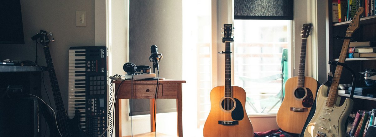 Music instruments in a rehearsing room